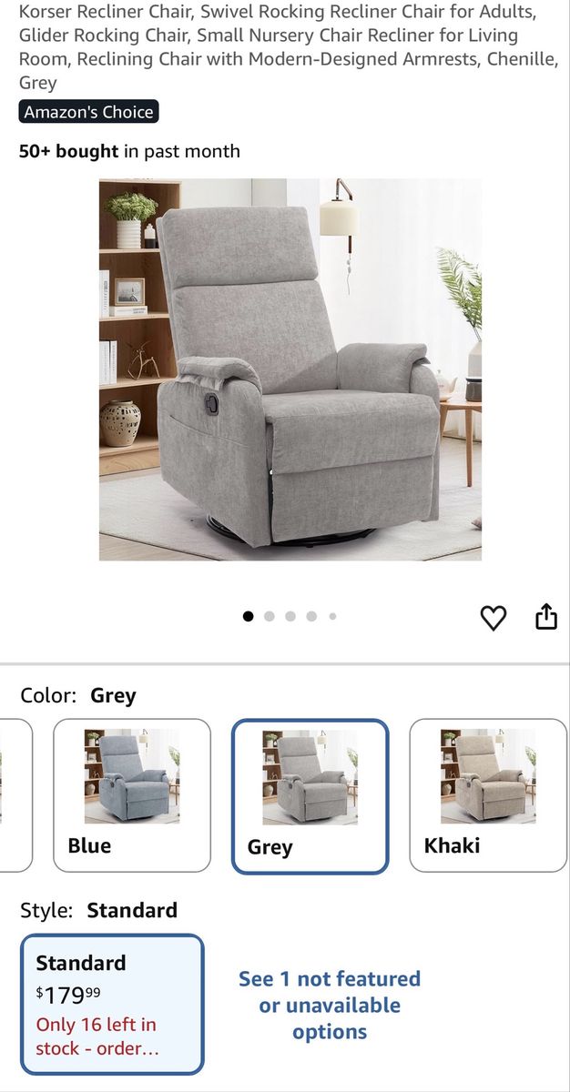 Korser LSJ-XM-7035 Grey Swivel Rocking Glider Recliner Chair for Adults, Nursery, Living Room