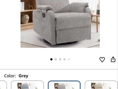 Korser LSJ-XM-7035 Grey Swivel Rocking Glider Recliner Chair for Adults, Nursery, Living Room