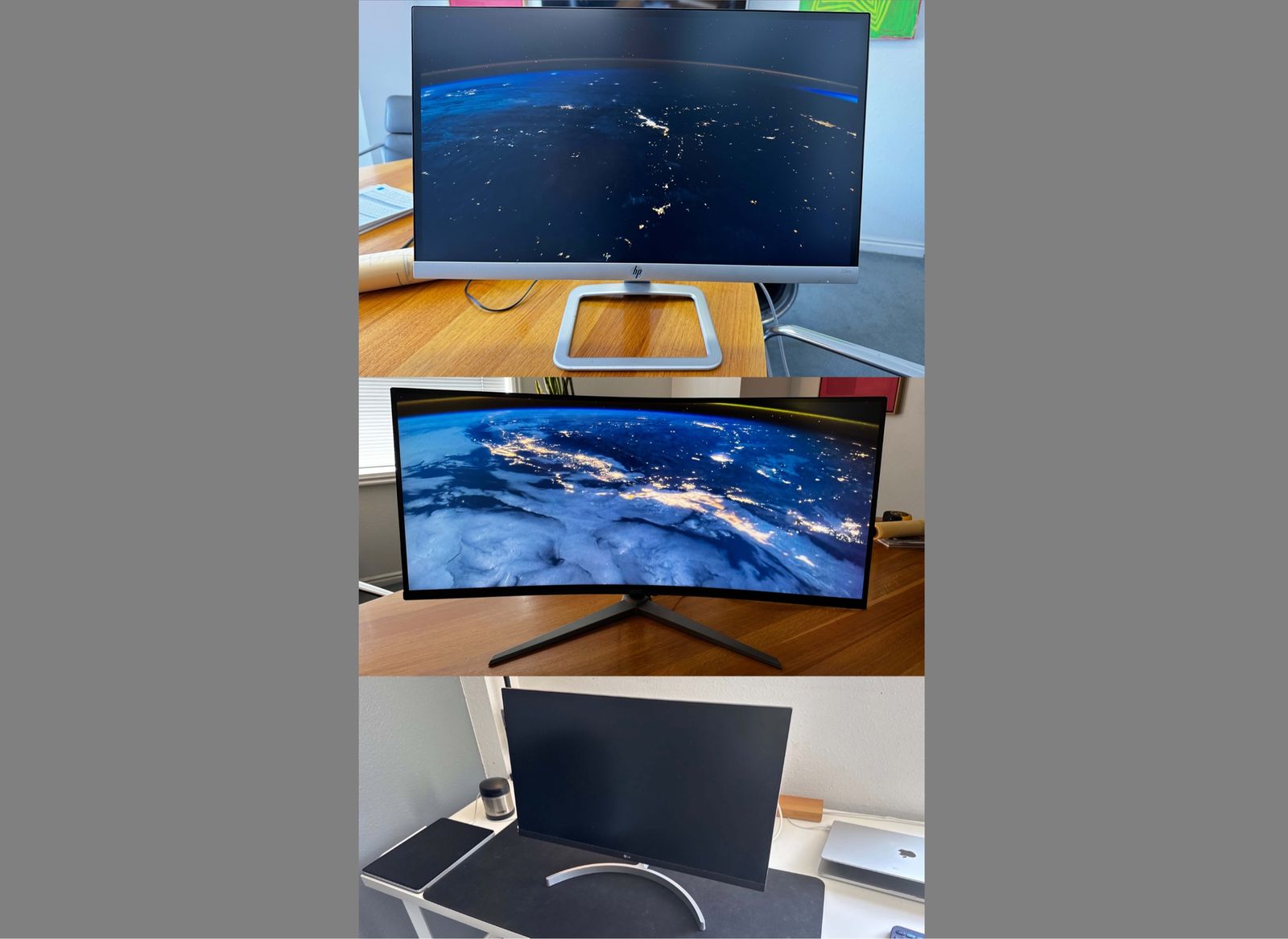 THREE Monitors – Acer 34” Curved Ultrawide,  LG 27” IPS Monitor,  HP 23es 23” Full IPS Monitor