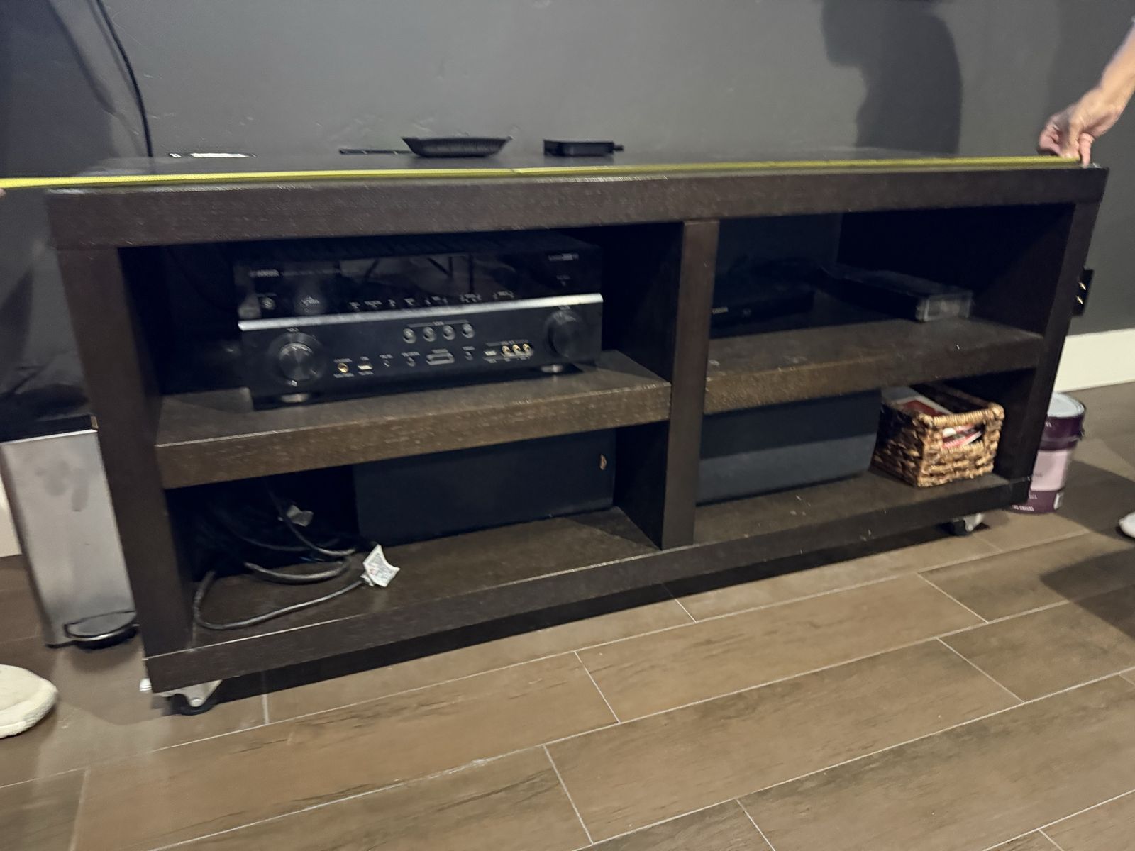 Dark Wood Media Console TV Stand on Casters with Shelving