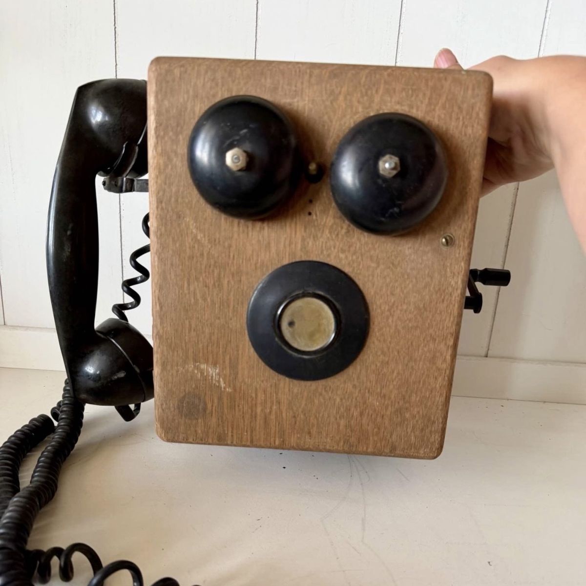 Vintage Wooden Wall Crank Telephone with Handset & Dual Bells – Rustic Display Decor