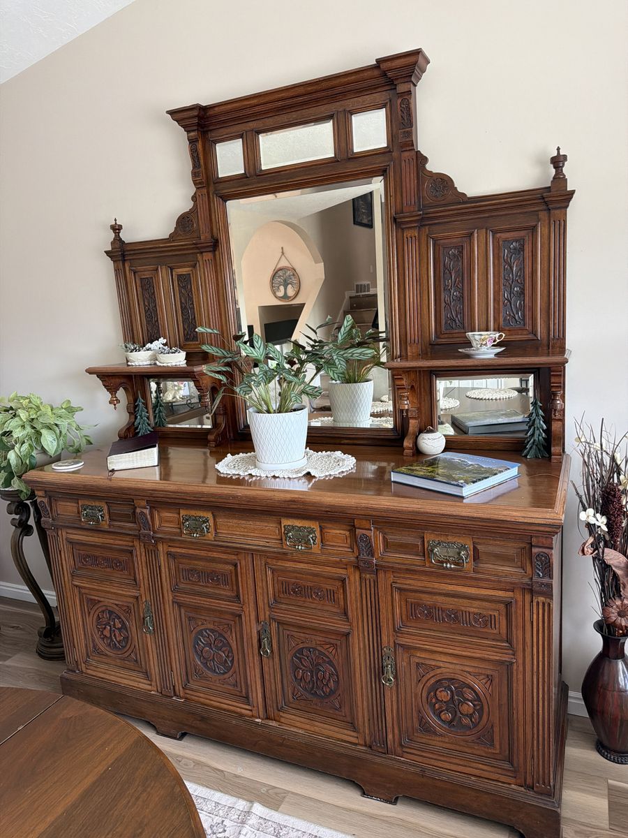 Antique Victorian Solid Wood Sideboard Buffet with Carved Details and Ornate Mirror