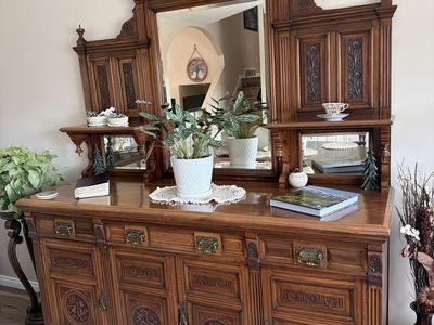 Antique Victorian Solid Wood Sideboard Buffet with Carved Details and Ornate Mirror