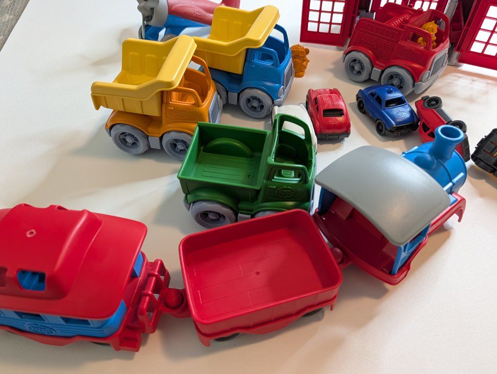 Green Toys Fire Station Set & Mixed Vehicle Lot - Eco-Friendly Play for Kids