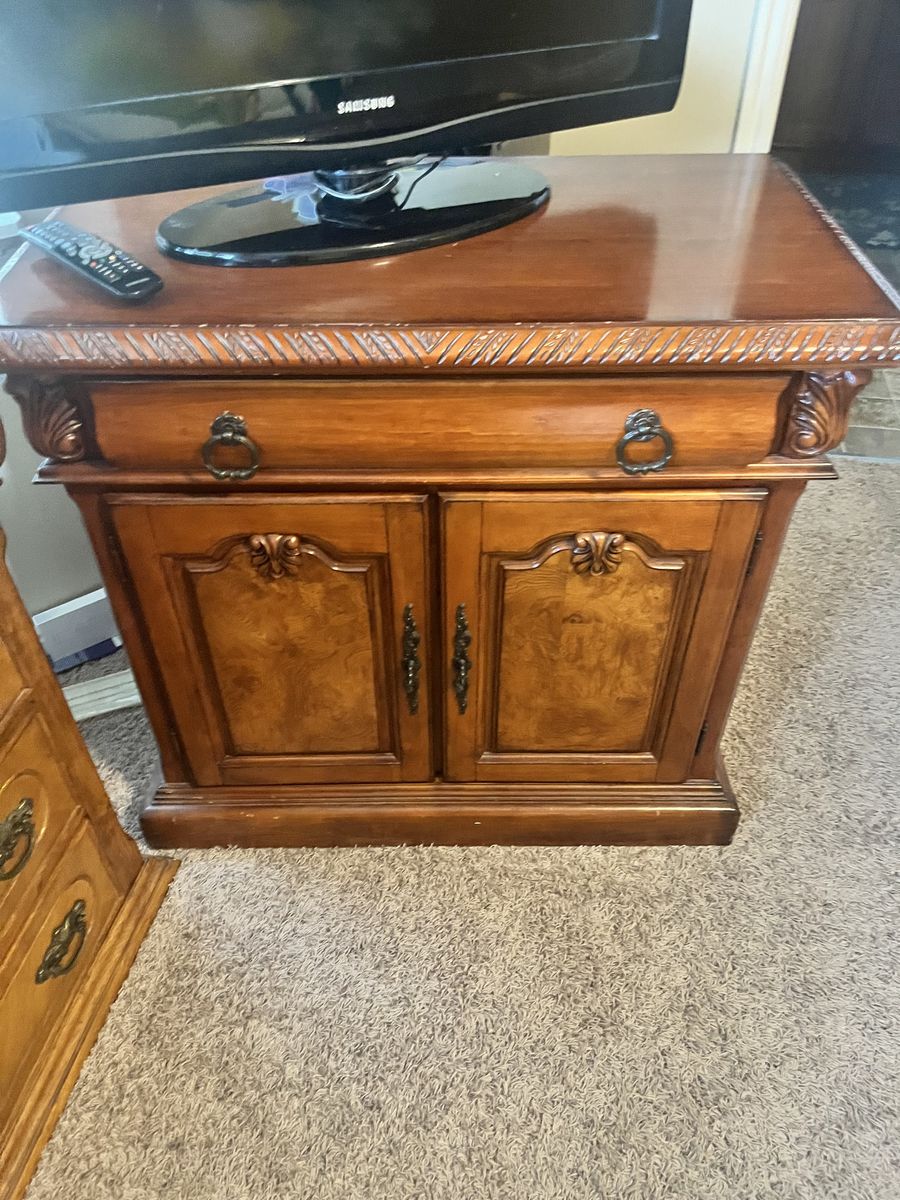 Ornate Traditional Wood Table with Single Drawer & Cabinet Storage - Dark Brown Finish