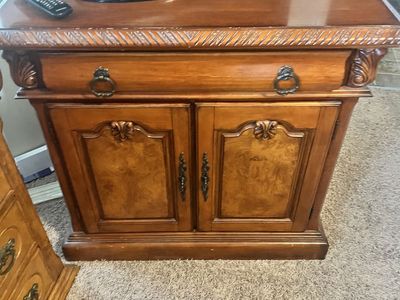 Ornate Traditional Wood Table with Single Drawer & Cabinet Storage - Dark Brown Finish