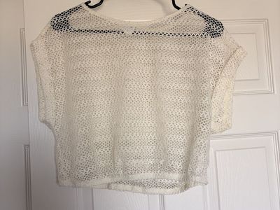 No Boundaries Women's L (12-14) White Crochet Knit Short Sleeve Crop Top