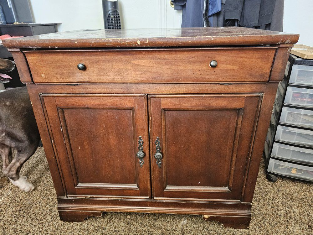 Wooden Computer Desk Cabinet with Pull-out Keyboard Tray and Storage, Dark Wood Finish
