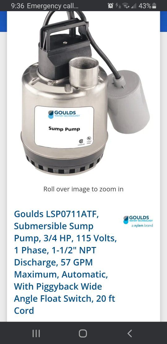 Goulds LSP0711ATF Submersible Sump Pump 3/4 HP 115V 57 GPM Automatic w/ Float Switch 20ft Cord