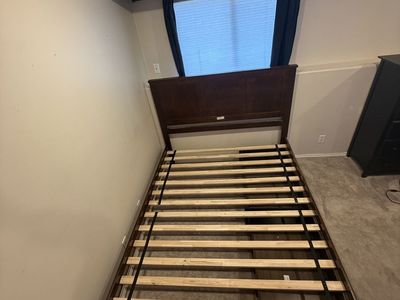 Dark Wood Queen Platform Bed Frame with Headboard and Under-Bed Storage Drawers - $35 OBO