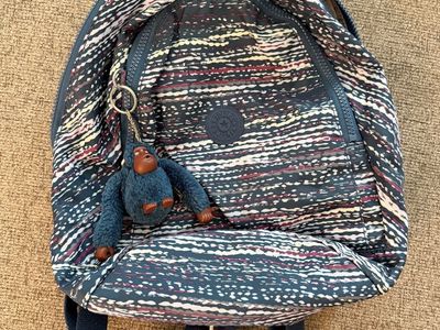 Kipling Mini Backpack Blue Multi Pattern with Monkey Keychain - Small Nylon Daypack
