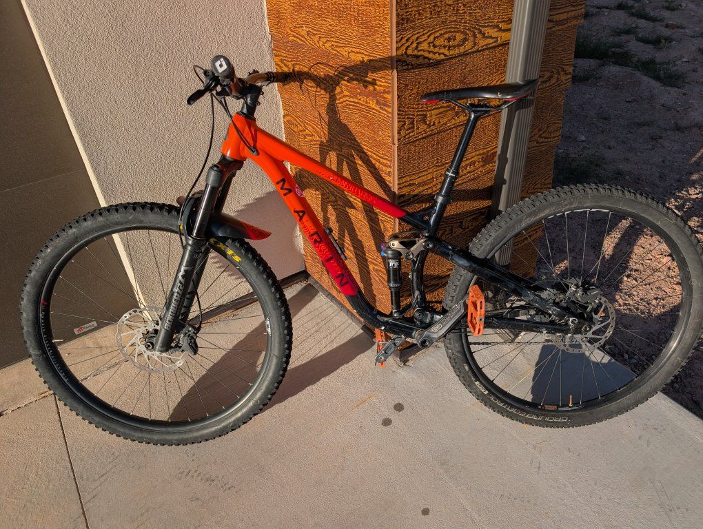 Marin Riftzone Mountain Bike - Full Suspension, Fox Float DPS, RockShox Fork, Orange/Black, Small, 1x12 Shimano SLX drivetrain.