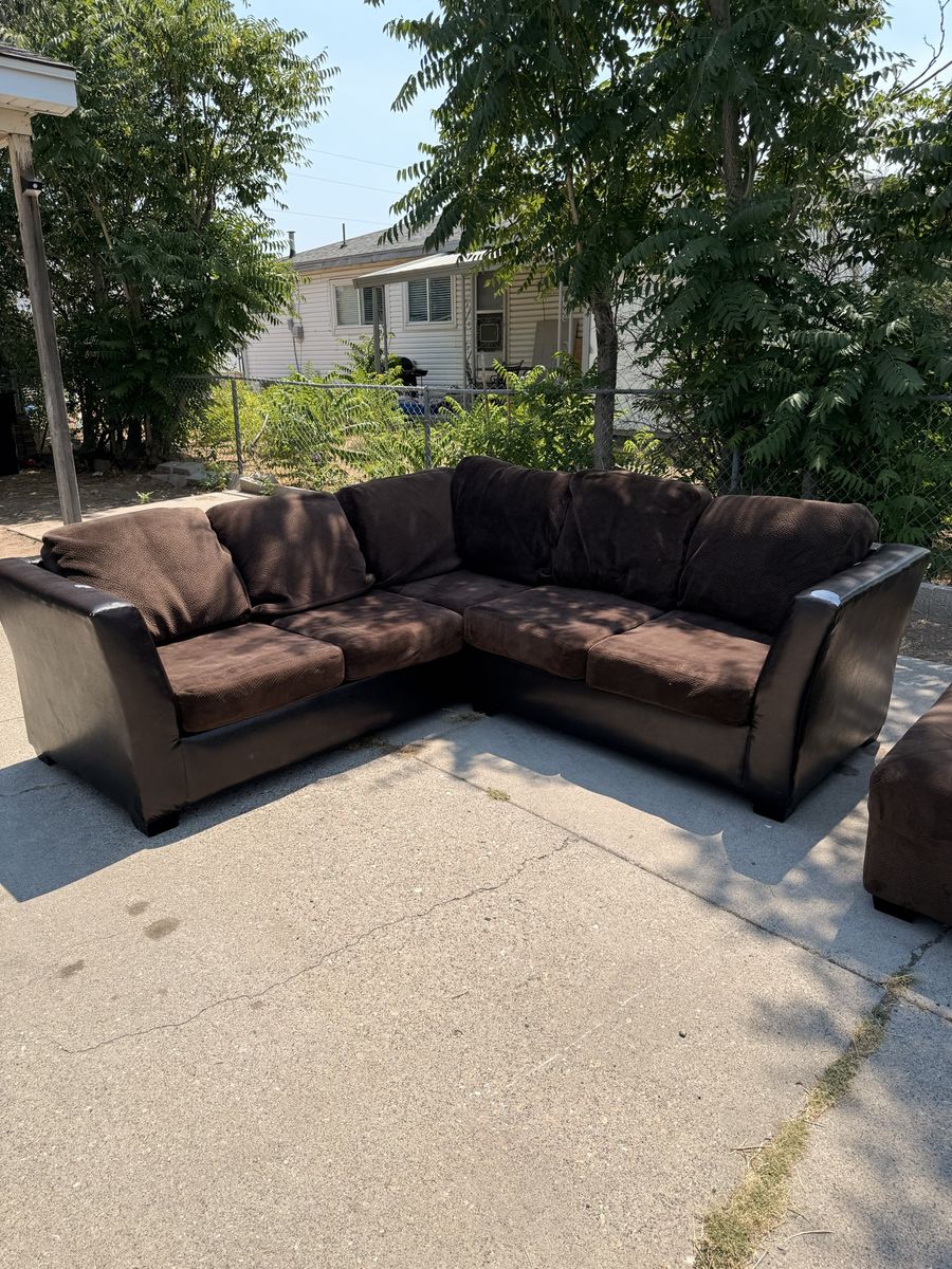Brown Fabric and Faux Leather Sectional Sofa with Matching Ottoman