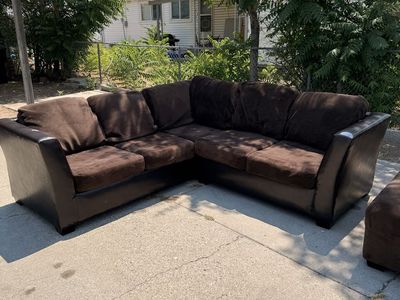 Brown Fabric and Faux Leather Sectional Sofa with Matching Ottoman