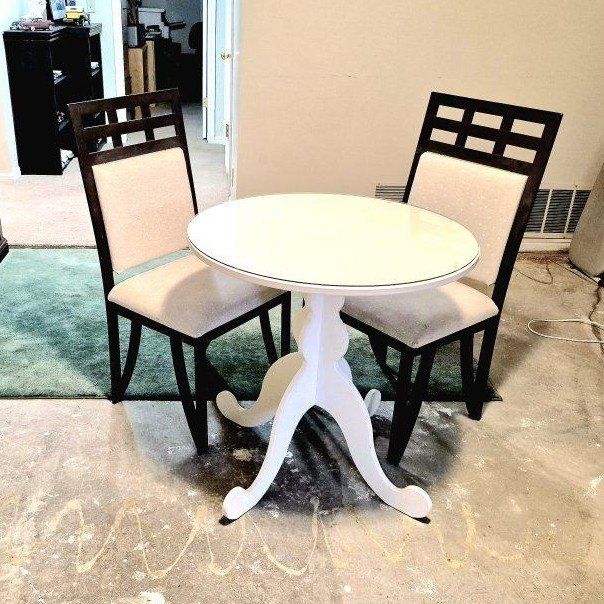 3-Piece Dining Set: Round White Table & 2 Black/White Upholstered Chairs