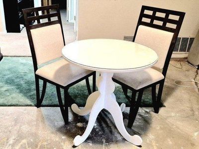 3-Piece Dining Set: Round White Table & 2 Black/White Upholstered Chairs