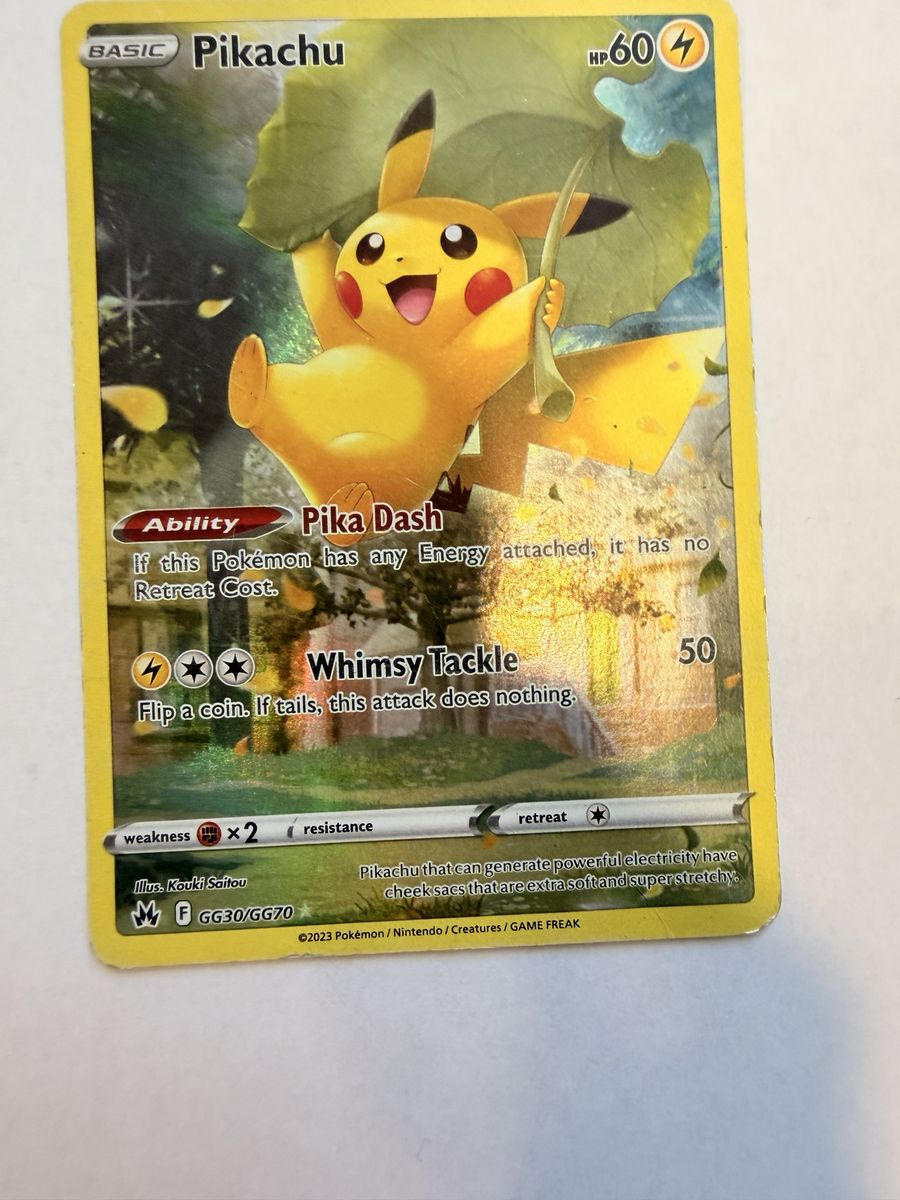 Pokemon TCG Pikachu card, number GG30/GG70 from Crown Zenith. Holo rare variant in used condition.