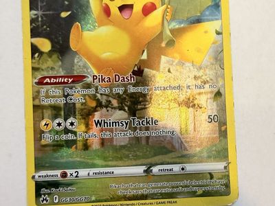 Pokemon TCG Pikachu card, number GG30/GG70 from Crown Zenith. Holo rare variant in used condition.
