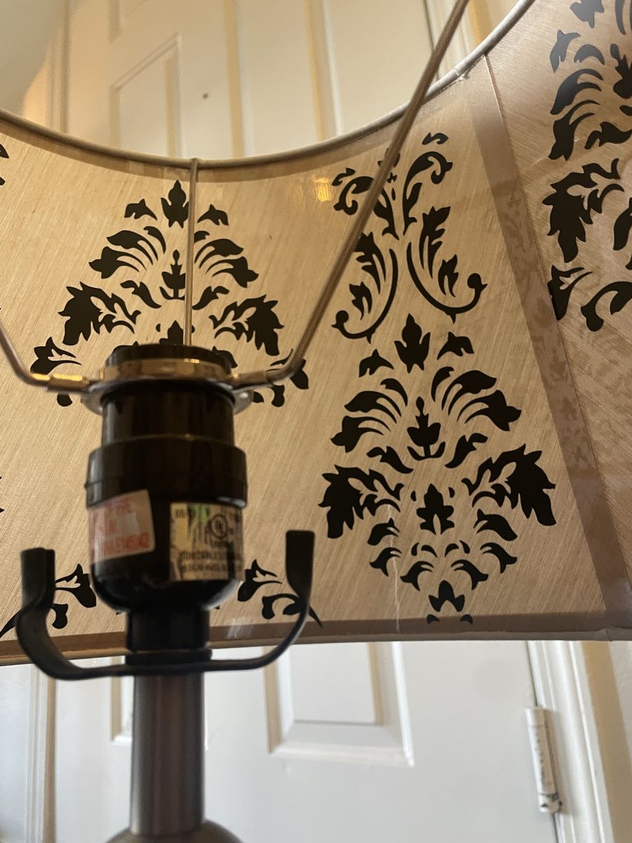 Brushed Metal Table Lamp with Damask Pattern Fabric Shade
