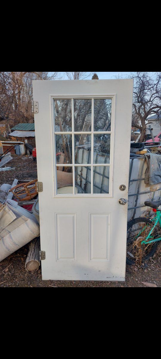 White Wood Frame Door with 9-Pane Glass Insert - Standard Size Entry Door 36" used