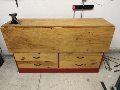 Custom Wood Workbench with 4 Drawers and Integrated Vise - Red Base, Folding Sides