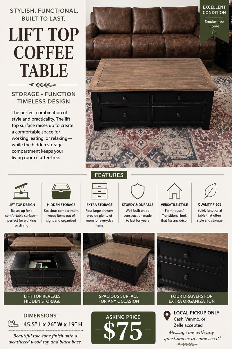 Lift-Top Coffee Table with Hidden Storage