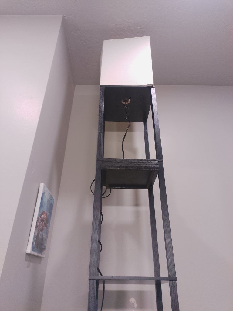 Floor Lamp with Built-in Charging Station and Shelves - Black Wood Finish