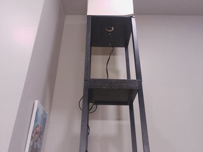 Floor Lamp with Built-in Charging Station and Shelves - Black Wood Finish
