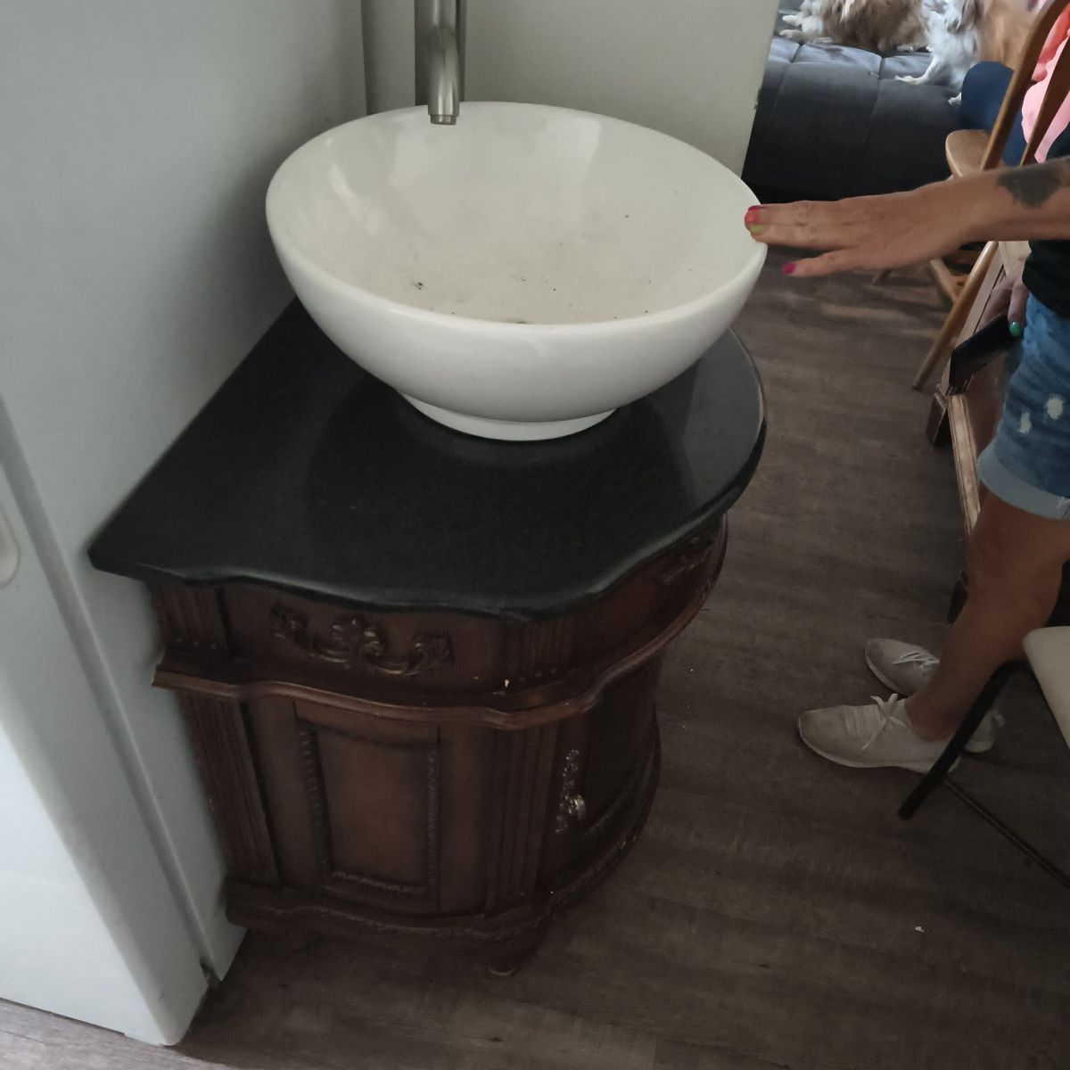 Ornate Wood Vanity with Black Granite Top & White Vessel Sink - Used Bathroom Furniture