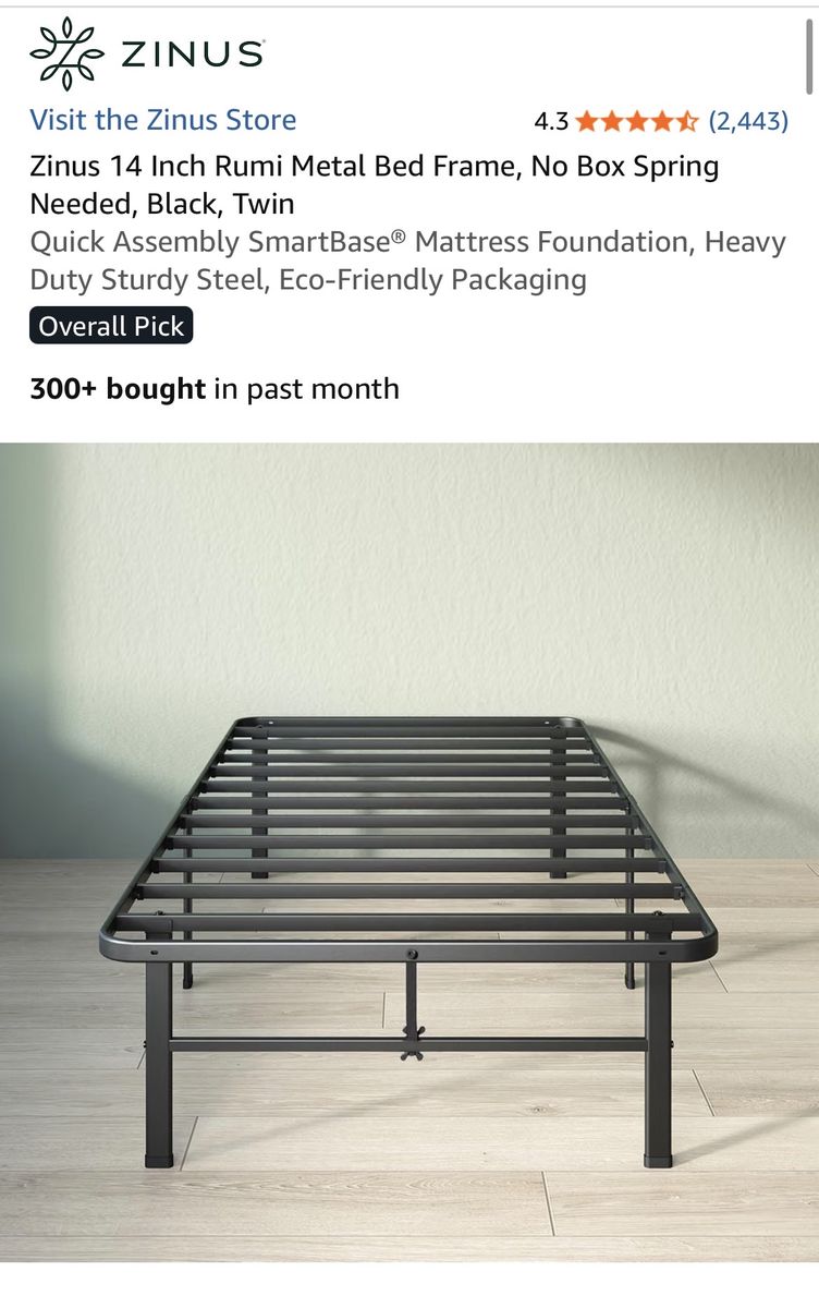 Zinus 14 Inch Rumi Metal Bed Frame Twin - Black Steel SmartBase