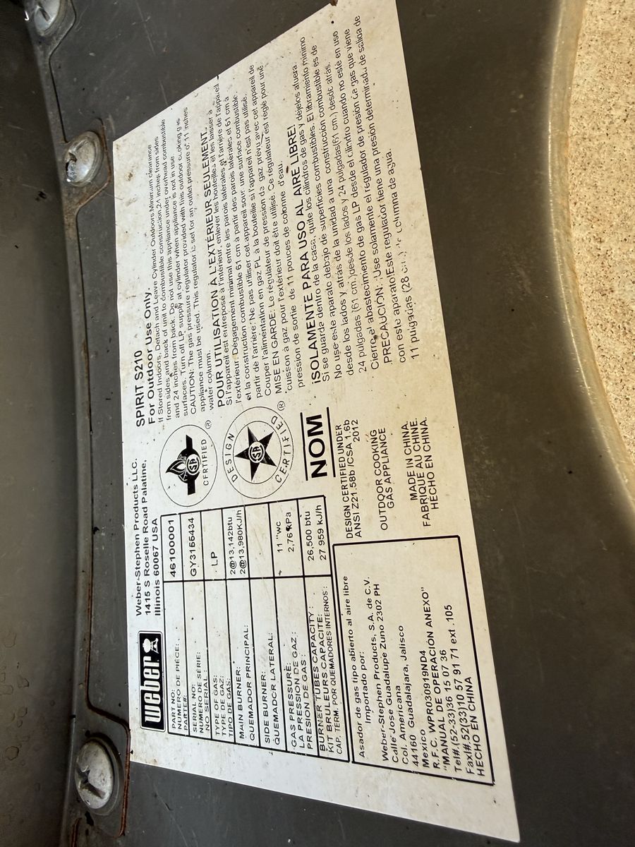 Weber Spirit S210 Outdoor LP Gas Grill - 2 Burners, 26,500 BTU, Outdoor Cooking Appliance