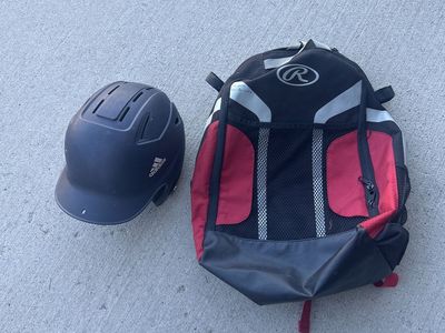 Adidas Triple Stripe Batting Helmet Navy Blue 6 3/8-7 3/8 & Rawlings Baseball Backpack