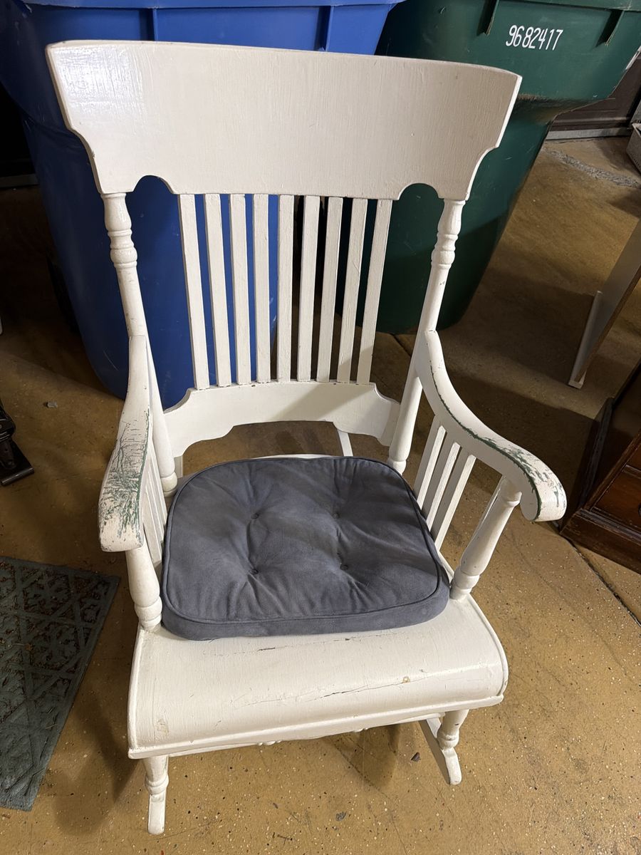 Vintage White Wooden Rocking Chair - Farmhouse Style Nursery Chair