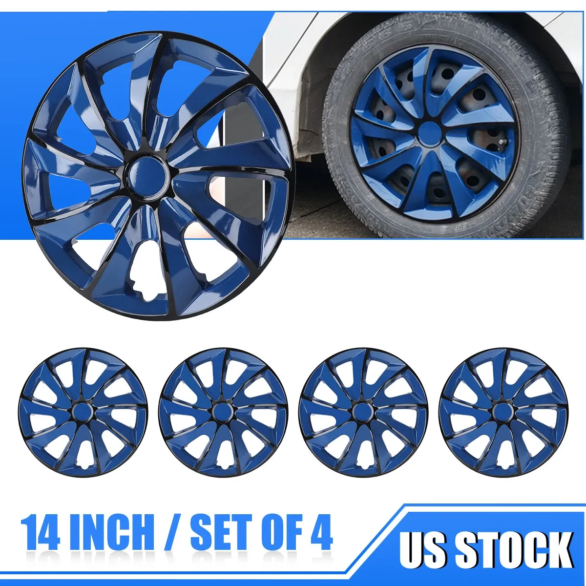 14” R14 Universal Snap-On Hubcaps – Black & Blue – Set of 4