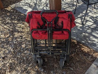 Long, foldable wagon.
