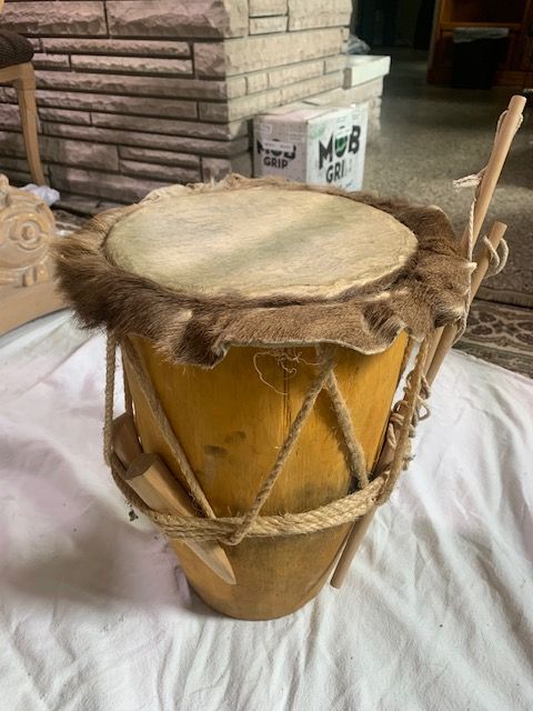Unique Native  Wood Drum with Animal Hide Head and Rope 