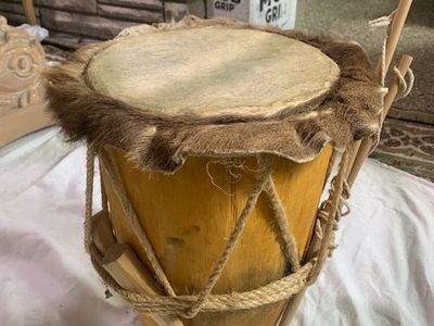Unique Native Wood Drum with Animal Hide Head and Rope