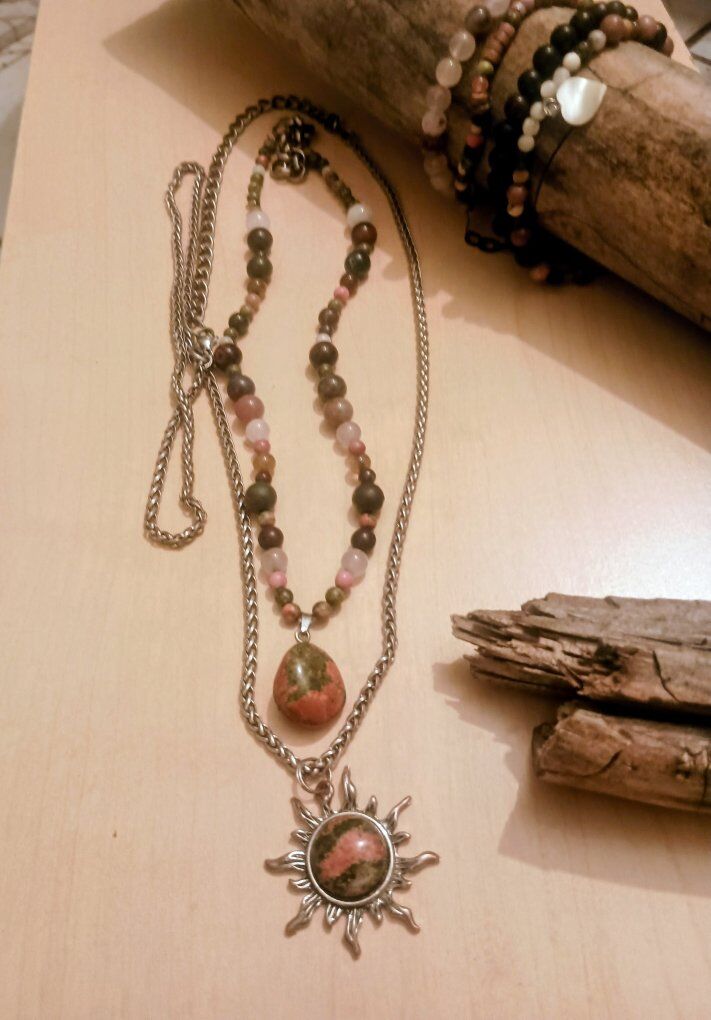 Unakite Sun Necklace on a silver toned chain