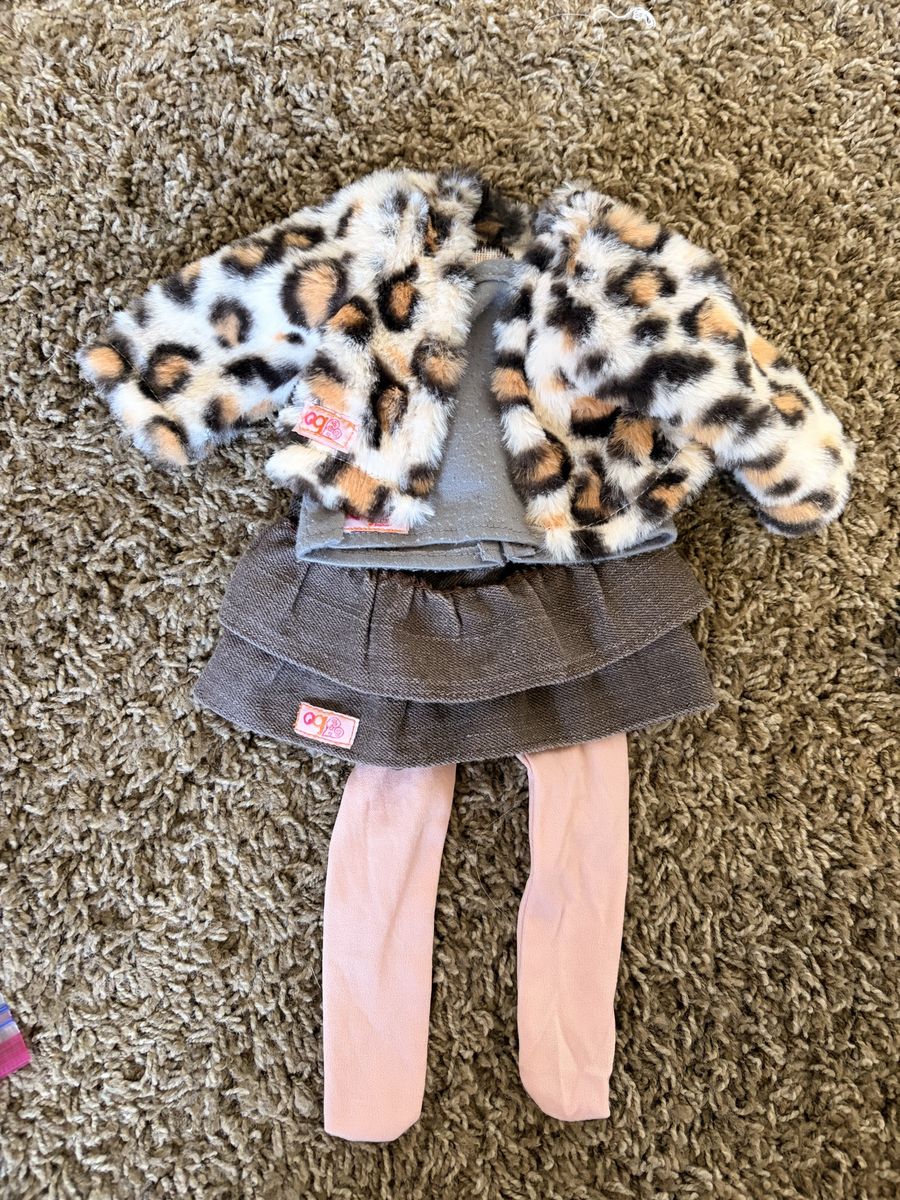 Our Generation Doll Clothes Leopard Faux Fur Jacket Grey Top Skirt Pink Tights Outfit
