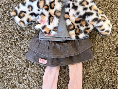 Our Generation Doll Clothes Leopard Faux Fur Jacket Grey Top Skirt Pink Tights Outfit