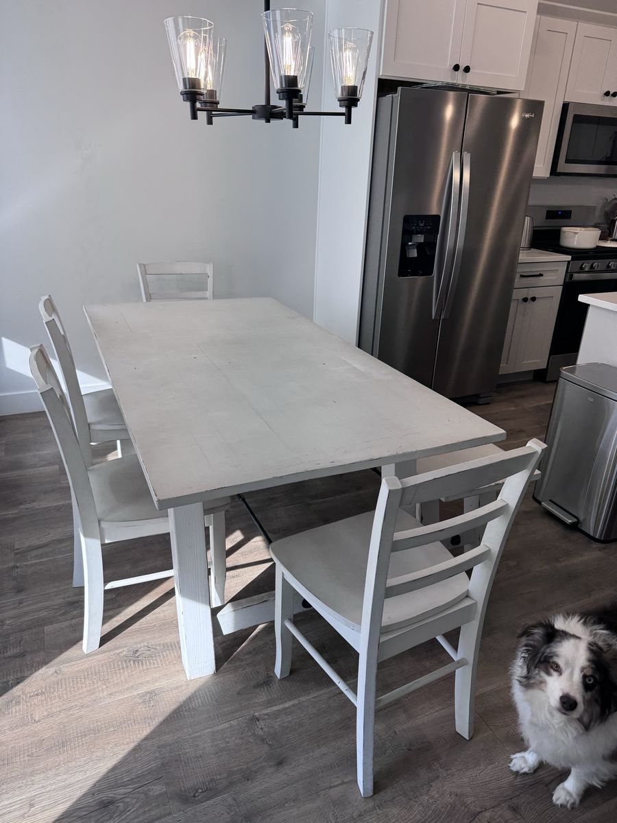 White Farmhouse Dining Table Set with 4 Chairs and Bench - Distressed Finish