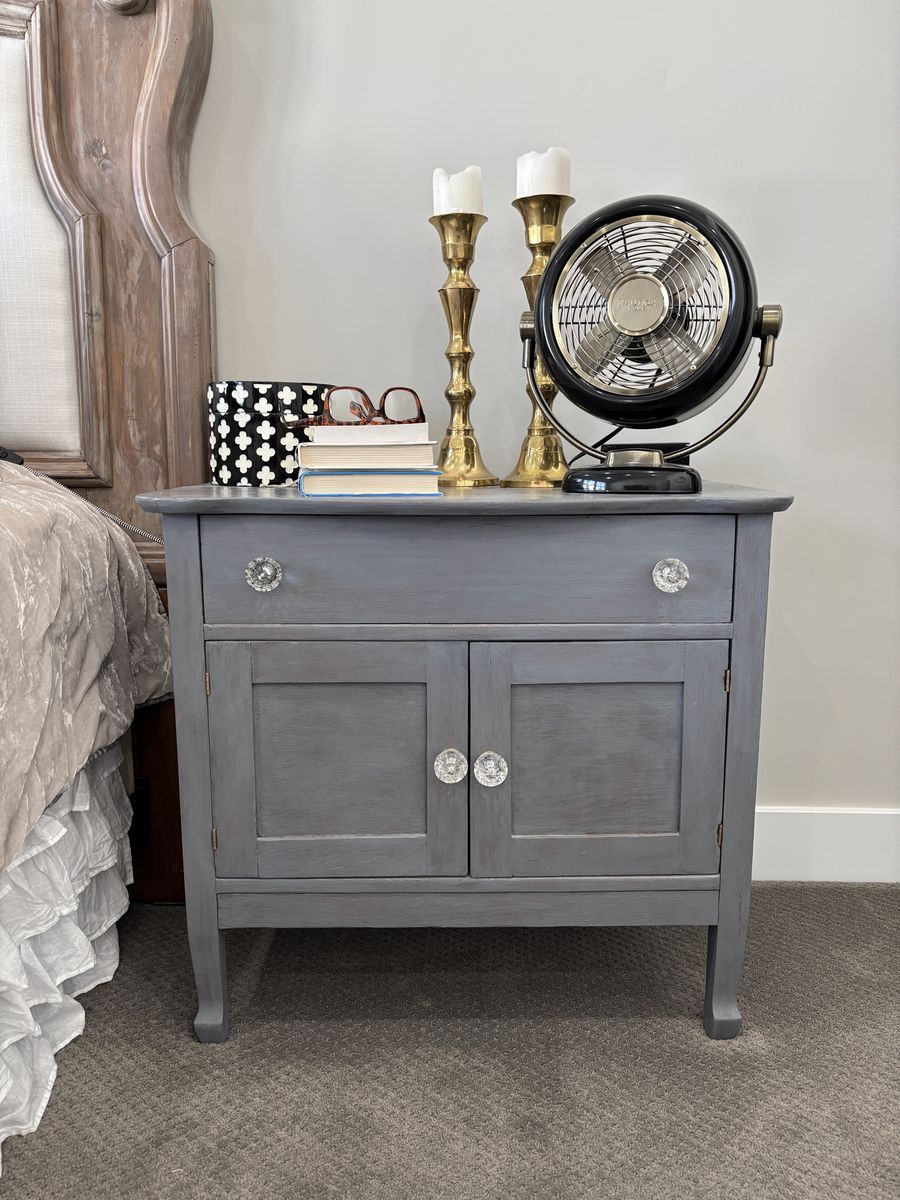 Gray Shabby Chic Wood Nightstand End Table with Crystal Knobs - Single Drawer & Cabinet Storage