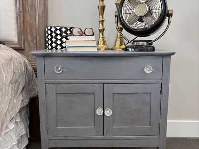 Gray Shabby Chic Wood Nightstand End Table with Crystal Knobs - Single Drawer & Cabinet Storage