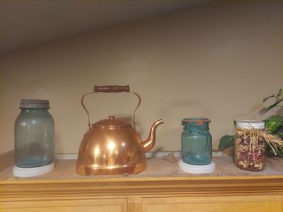 Vintage Copper kettle and blue glass jars