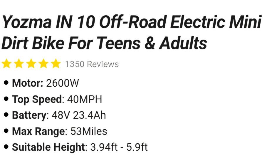 Yozma IN 10 Off-Road Electric Mini Dirt Bike for Teens & Adults