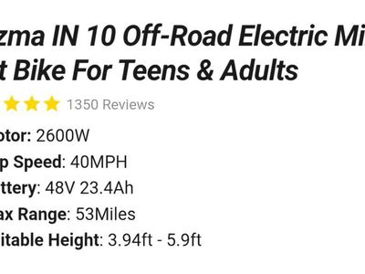 Yozma IN 10 Off-Road Electric Mini Dirt Bike for Teens & Adults