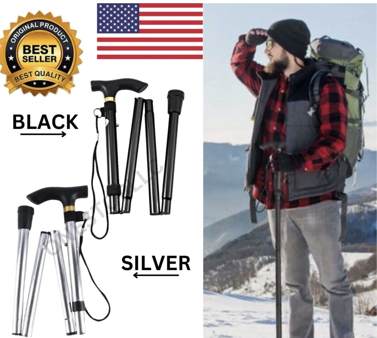 Folding Trekking Pole Walking Stick Adjustable Portable Cane Hiking Camping Aid
