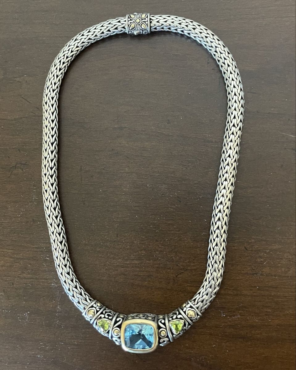 Sterling Silver & 18K Gold, Blue Topaz & Peridot pendant necklace.