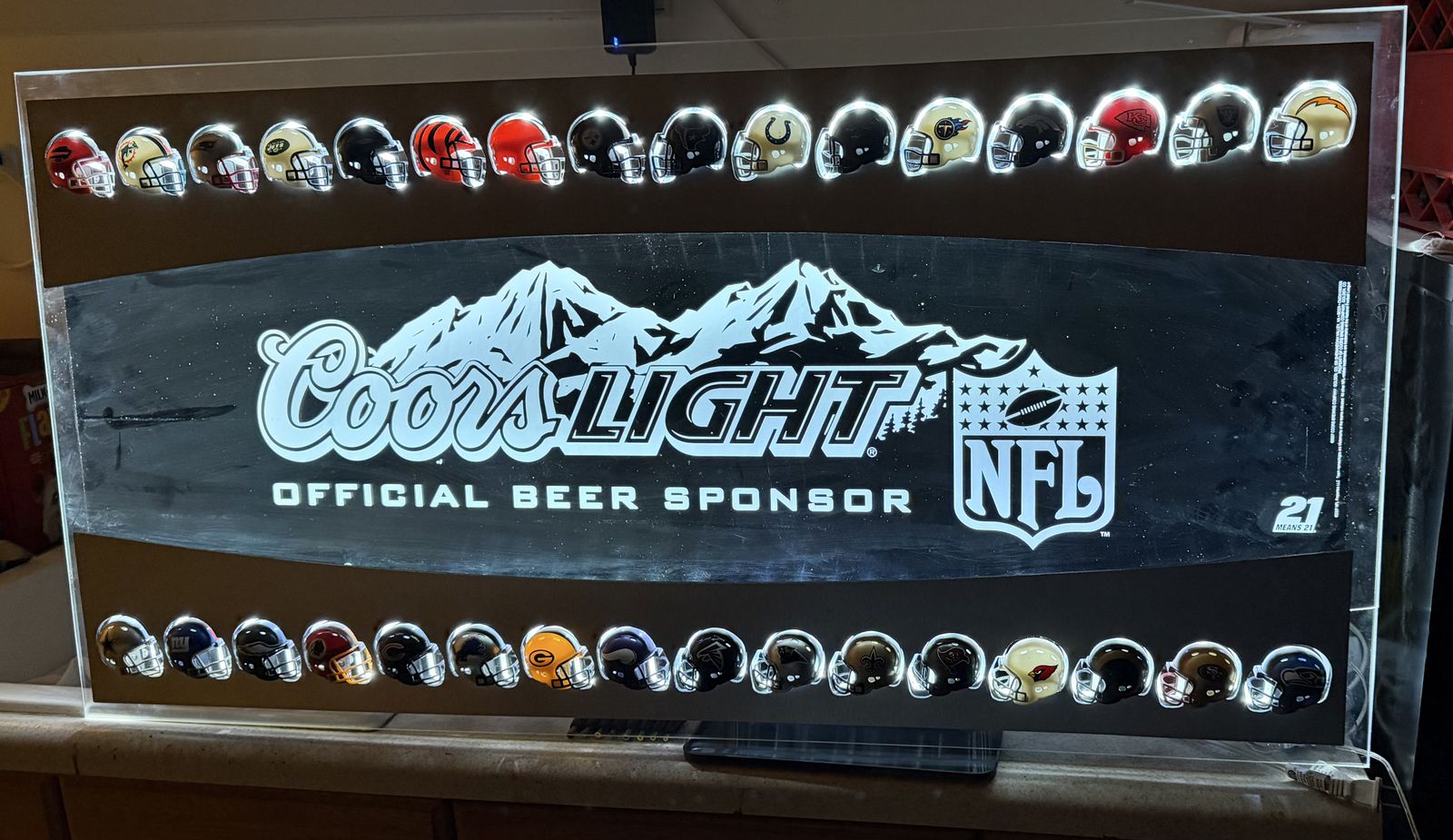 Rare Coors Light NFl Sign with team helmets and backlit LED