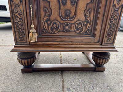 Antique Late 19th/Early 20th Century Carved Wooden Smoker's Cabinet with Ornate Detail